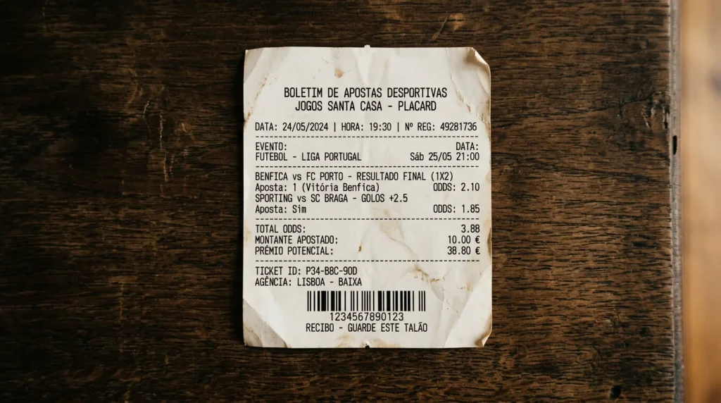 Bilhete de aposta desportiva sobre uma mesa de madeira