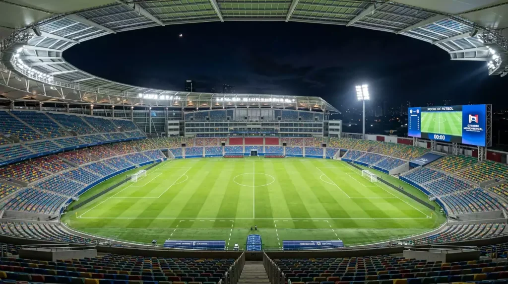 Estádio de futebol iluminado à noite com relvado verde e bancadas
