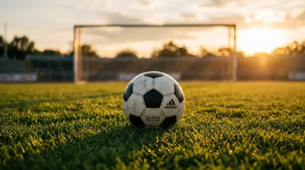 Bola de futebol no relvado de um estádio com baliza ao fundo