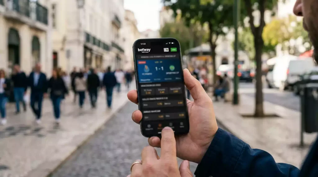 Telemóvel na mão com aplicação de apostas desportivas aberta