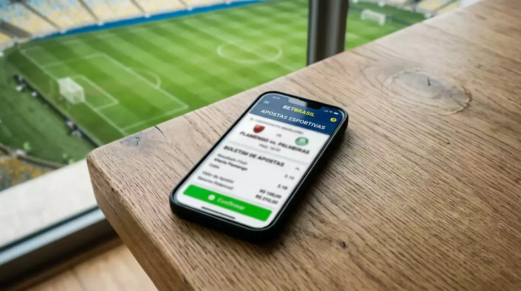 Ecrã de telemóvel com aplicação de apostas desportivas e campo de futebol ao fundo