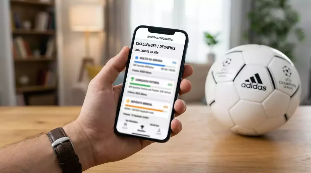 Mão a segurar telemóvel com apostas desportivas e bola de futebol ao lado
