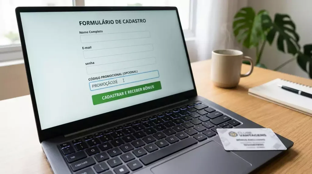 Teclado de computador com cartão de bónus e ecrã de registo em apostas desportivas