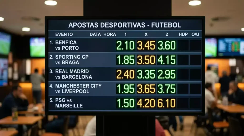 Painel eletrónico com números e cotações desportivas iluminadas