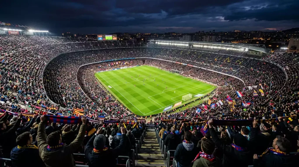 Estádio de futebol cheio durante um grande evento desportivo nocturno