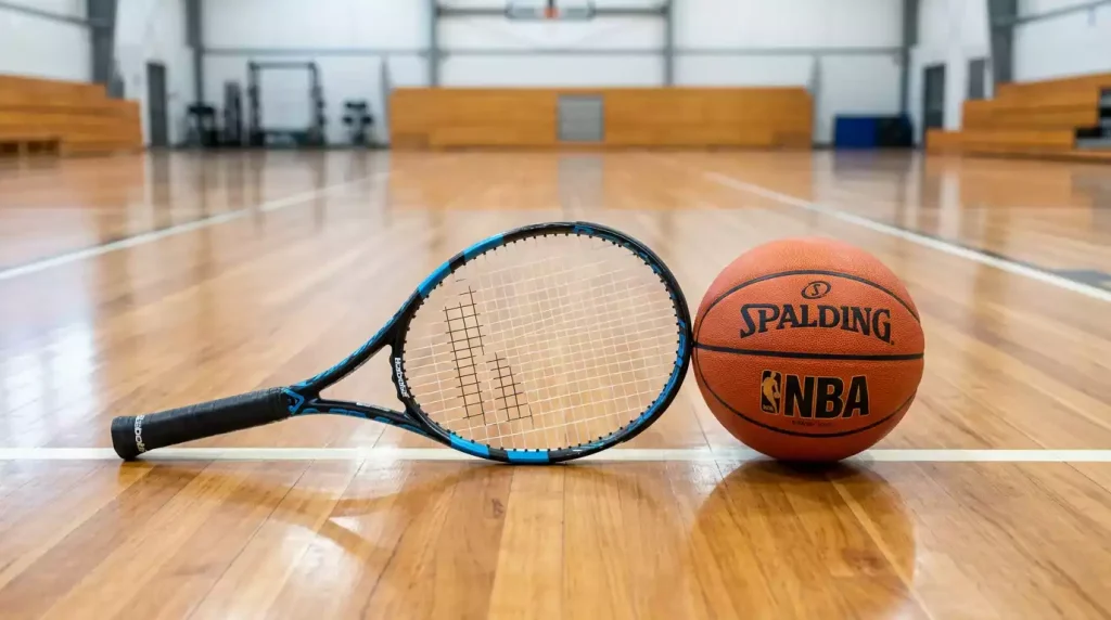 Raquete de ténis e bola de basquetebol lado a lado num pavilhão desportivo