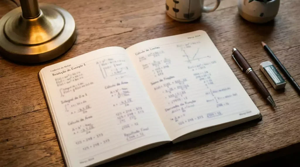 Caderno aberto com números escritos e calculadora ao lado