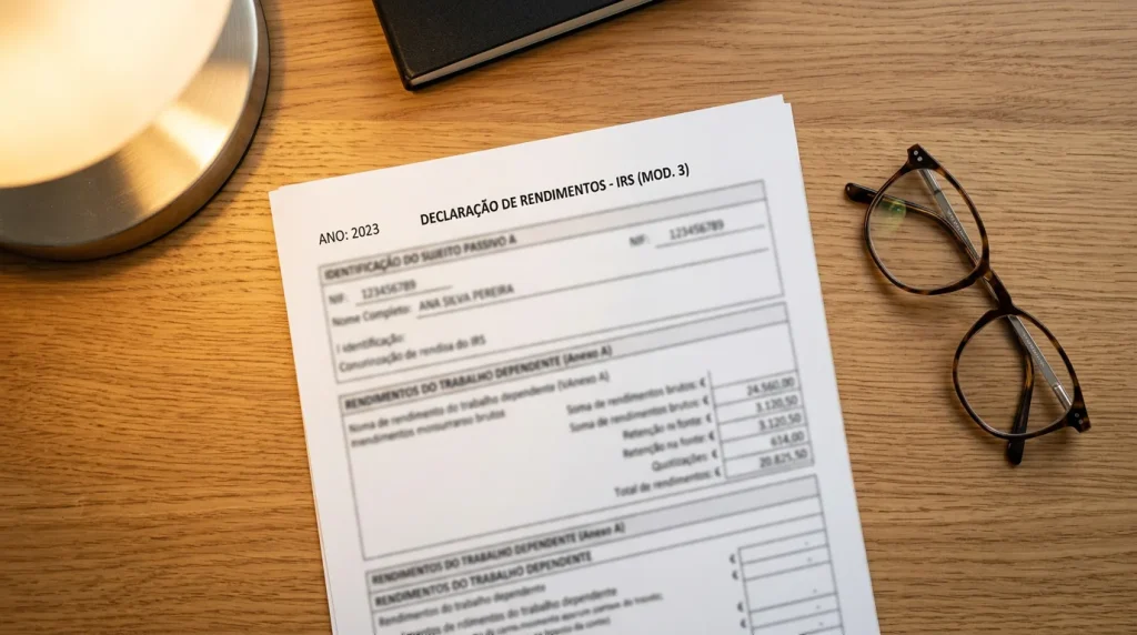 Documento fiscal e calculadora sobre uma secretária de escritório