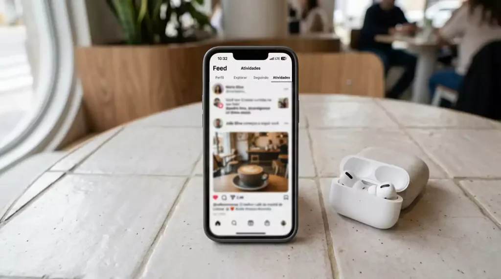 Telemóvel com rede social aberta e ícones de notificação