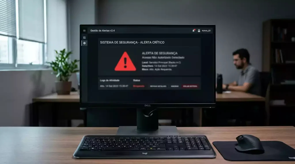 Ecrã de computador com sinal de aviso vermelho e teclado