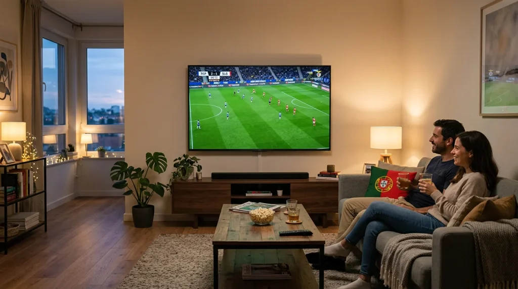 Televisão com transmissão de jogo de futebol ao vivo numa sala