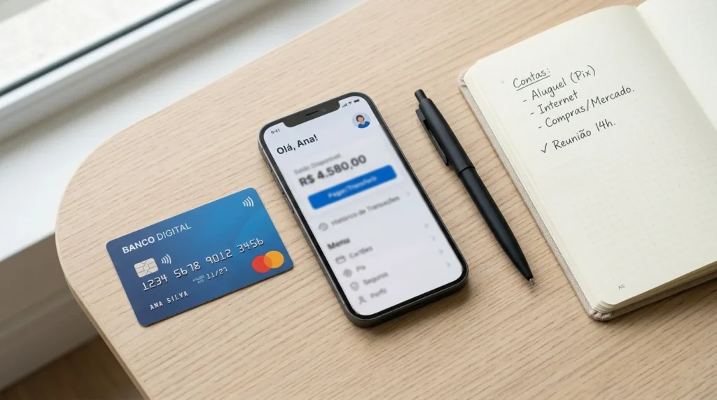 Cartão bancário e telemóvel com aplicação de pagamento numa secretária