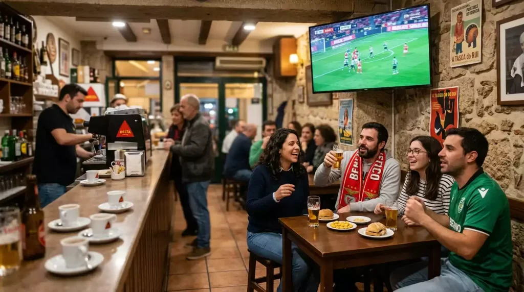 Grupo de pessoas a ver jogo de futebol num café português