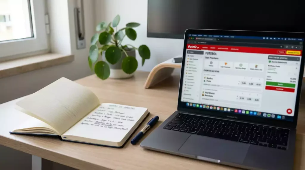 Bloco de notas com apontamentos e caneta junto a ecrã com apostas
