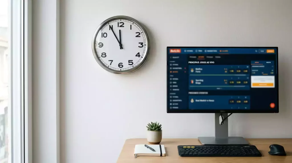Relógio de parede junto a ecrã de computador com plataforma de apostas